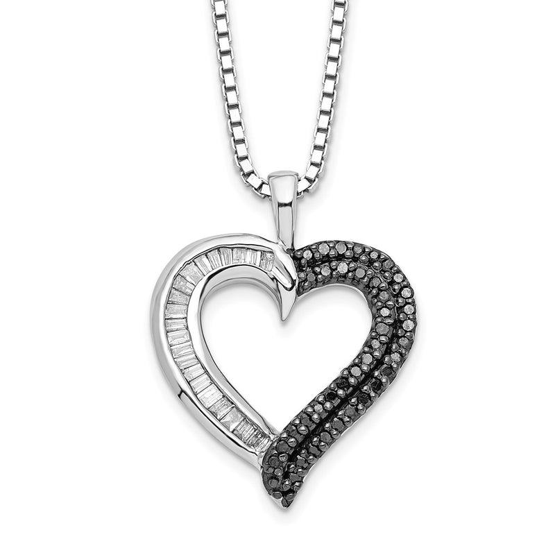 Sterling Silver White Night Rhodium-Plated Black And Diamond Heart 18 Inch Necklace With 2 Extender