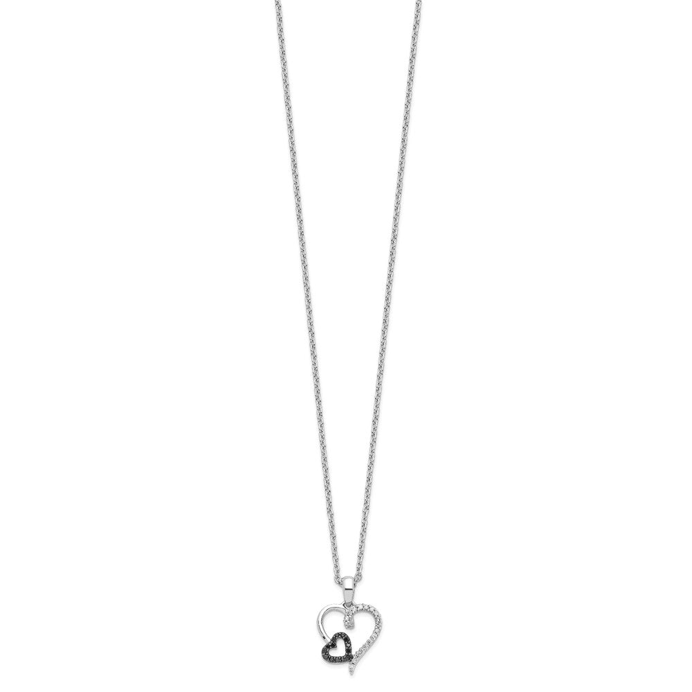 Sterling Silver White Night Rhodium-Plated Black And Diamond Double Heart 18 Inch Necklace With 2 Extender