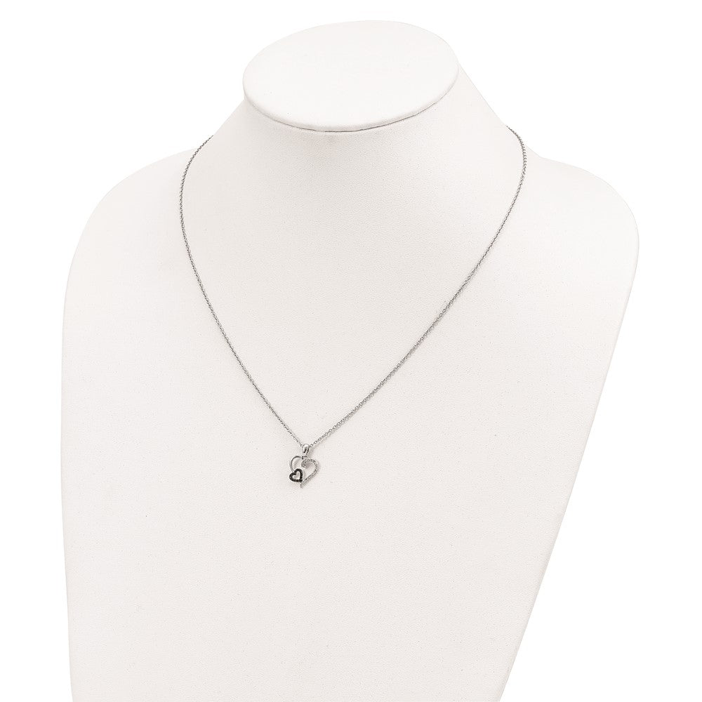 Sterling Silver White Night Rhodium-Plated Black And Diamond Double Heart 18 Inch Necklace With 2 Extender