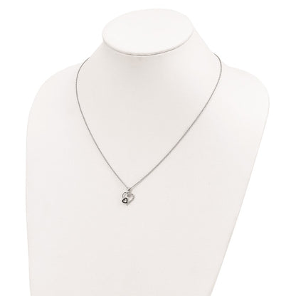 Sterling Silver White Night Rhodium-Plated Black And Diamond Double Heart 18 Inch Necklace With 2 Extender