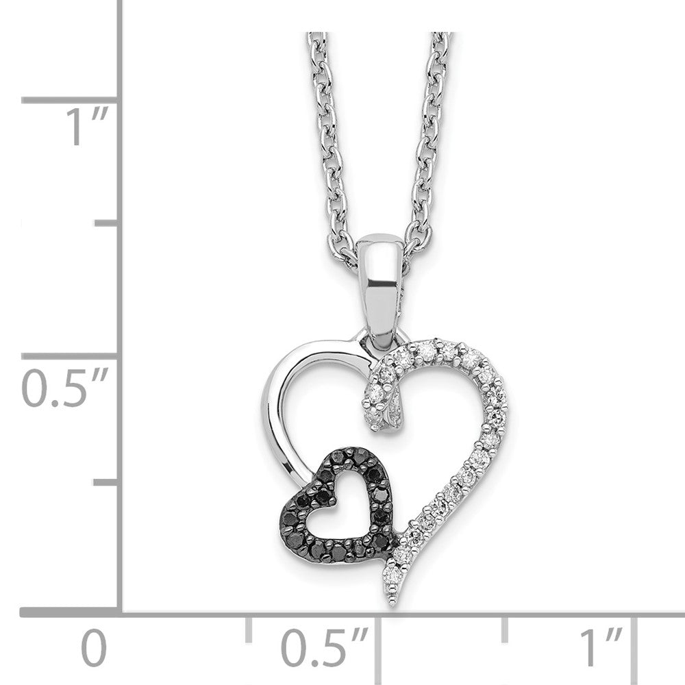 Sterling Silver White Night Rhodium-Plated Black And Diamond Double Heart 18 Inch Necklace With 2 Extender