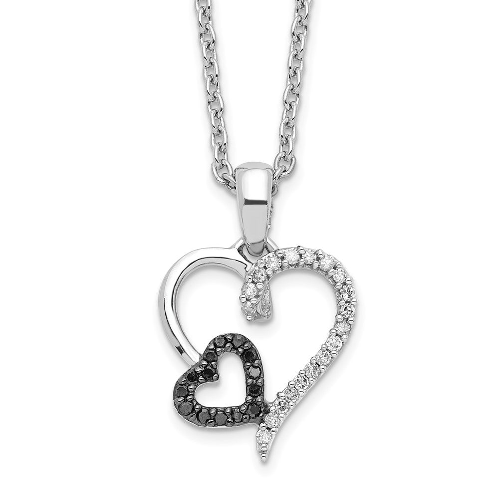 Sterling Silver White Night Rhodium-Plated Black And Diamond Double Heart 18 Inch Necklace With 2 Extender