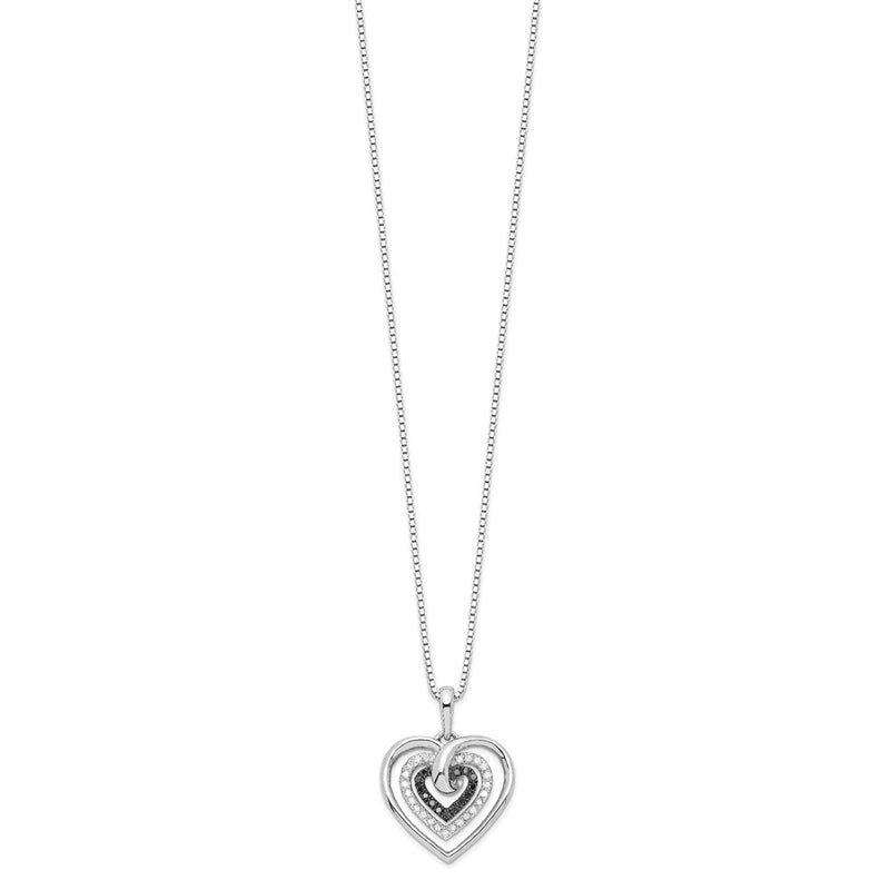 Sterling Silver White Night Rhodium-Plated Black And Diamond Triple Heart 18 Inch Necklace With 2 Extender