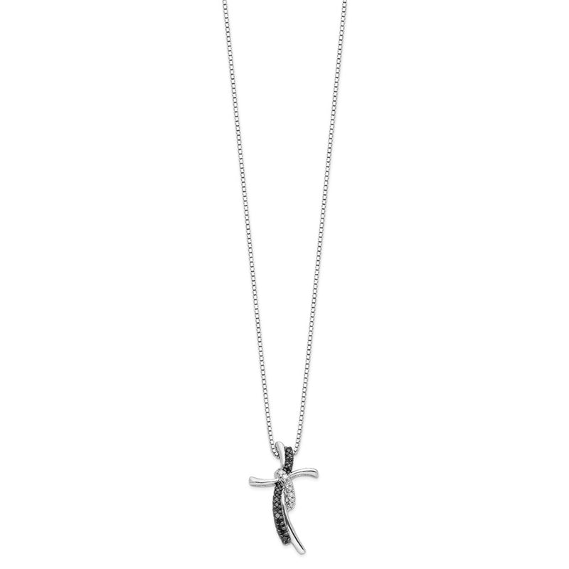 Sterling Silver White Night Rhodium-Plated Black And Diamond Cross 18 Inch Necklace With 2 Extender