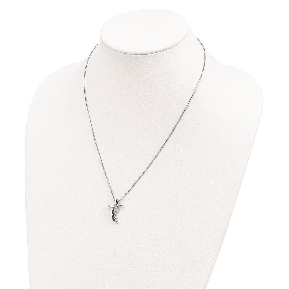 Sterling Silver White Night Rhodium-Plated Black And Diamond Cross 18 Inch Necklace With 2 Extender