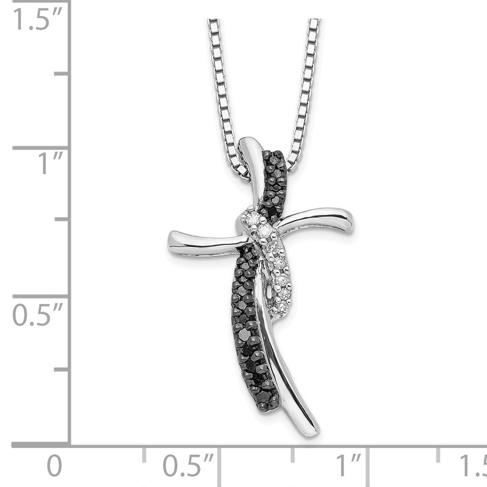 Sterling Silver White Night Rhodium-Plated Black And Diamond Cross 18 Inch Necklace With 2 Extender