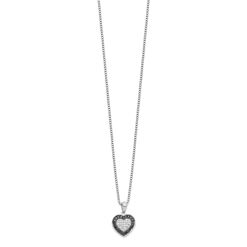 Sterling Silver White Night Rhodium-Plated Black And Diamond Heart 18 Inch Necklace With 2 Extender