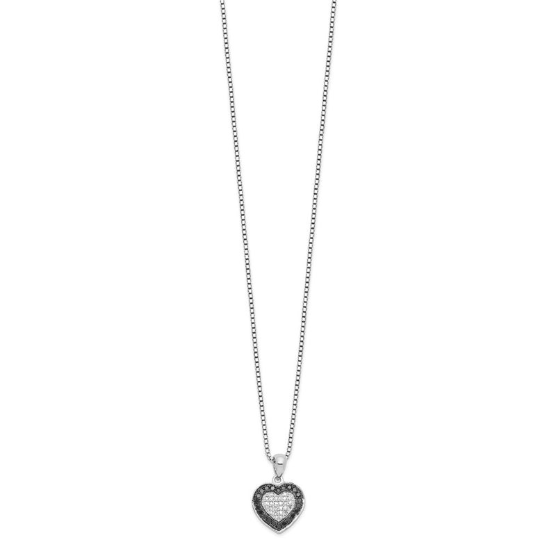 Sterling Silver White Night Rhodium-Plated Black And Diamond Heart 18 Inch Necklace With 2 Extender