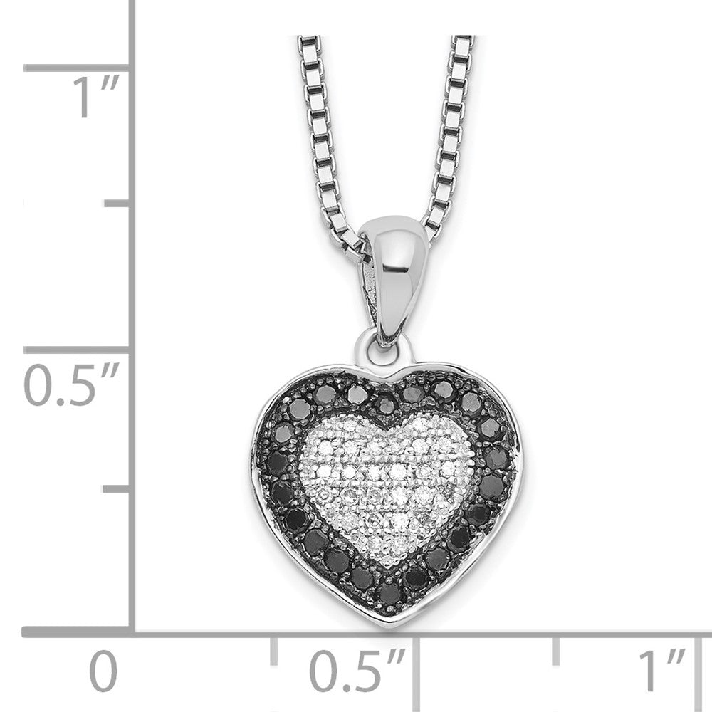 Sterling Silver White Night Rhodium-Plated Black And Diamond Heart 18 Inch Necklace With 2 Extender