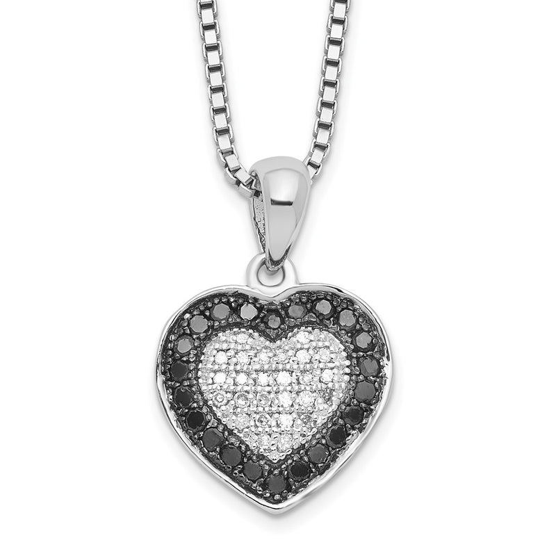 Sterling Silver White Night Rhodium-Plated Black And Diamond Heart 18 Inch Necklace With 2 Extender