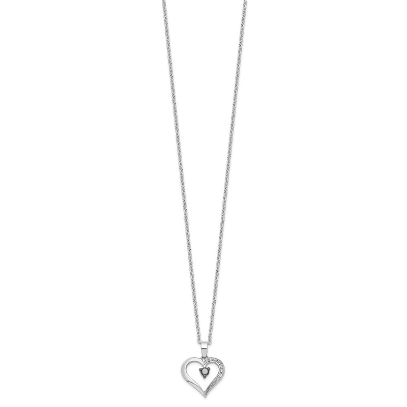 Sterling Silver White Night Rhodium-Plated Black And Diamond Heart 18 Inch Necklace With 2 Extender