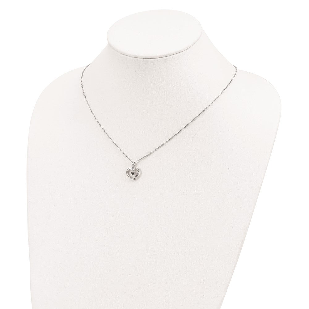Sterling Silver White Night Rhodium-Plated Black And Diamond Heart 18 Inch Necklace With 2 Extender