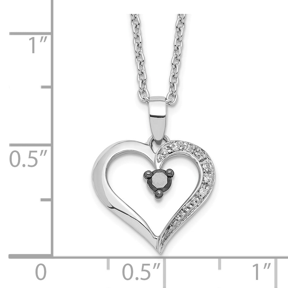 Sterling Silver White Night Rhodium-Plated Black And Diamond Heart 18 Inch Necklace With 2 Extender