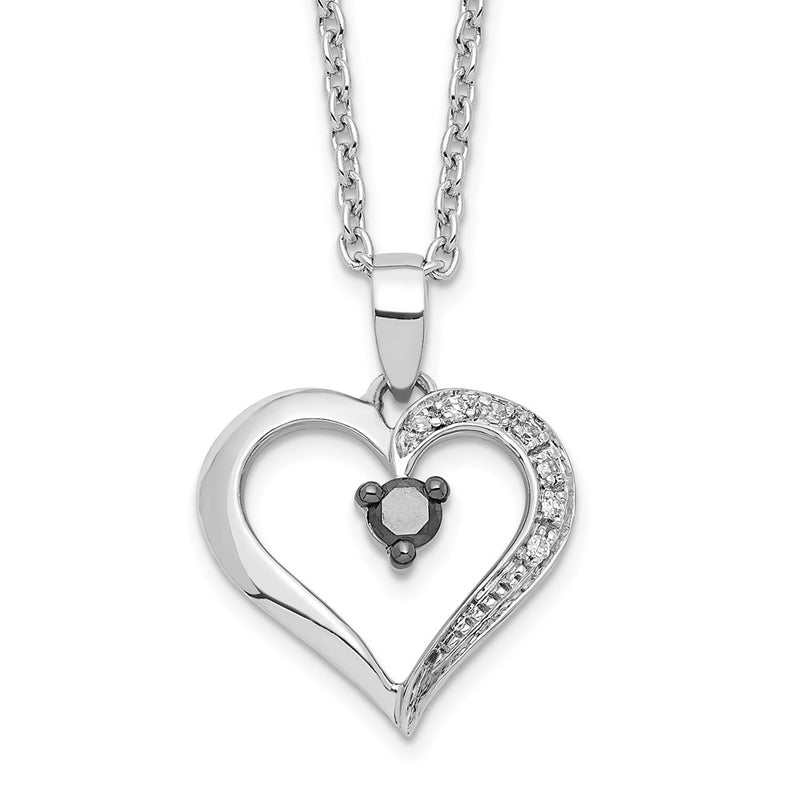 Sterling Silver White Night Rhodium-Plated Black And Diamond Heart 18 Inch Necklace With 2 Extender