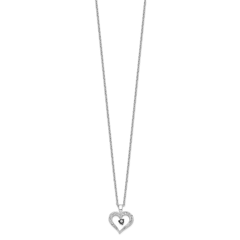 Sterling Silver White Night Rhodium-Plated Black And Diamond Heart 18 Inch Necklace With 2 Extender
