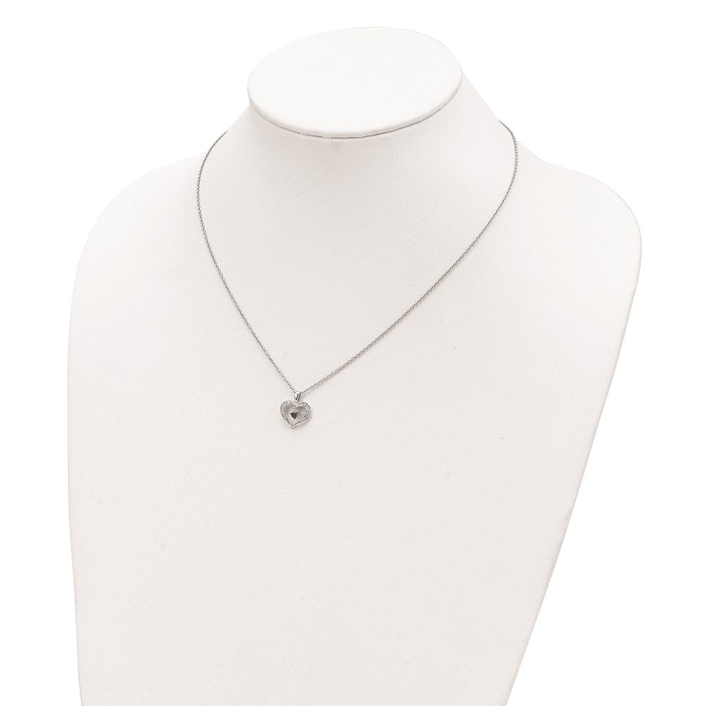 Sterling Silver White Night Rhodium-Plated Black And Diamond Heart 18 Inch Necklace With 2 Extender