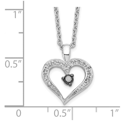 Sterling Silver White Night Rhodium-Plated Black And Diamond Heart 18 Inch Necklace With 2 Extender