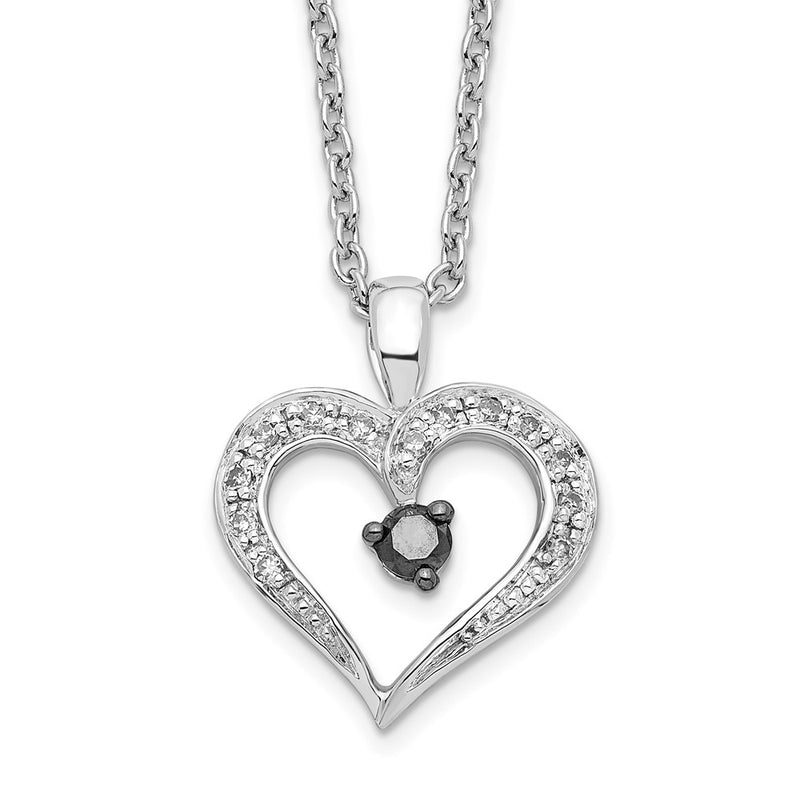 Sterling Silver White Night Rhodium-Plated Black And Diamond Heart 18 Inch Necklace With 2 Extender
