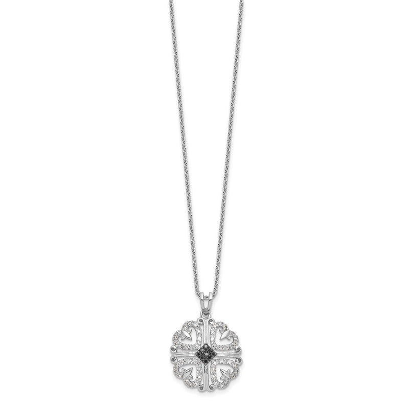 Sterling Silver White Night Rhodium-Plated Black And Diamond 4 Heart Pendant 18 Inch Necklace With 2 Extender
