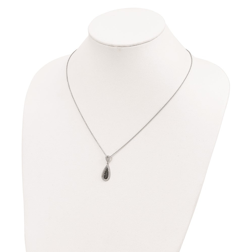 Sterling Silver White Night Rhodium-Plated Black And Diamond Double Teardrop 18 Inch Necklace With 2 Extender