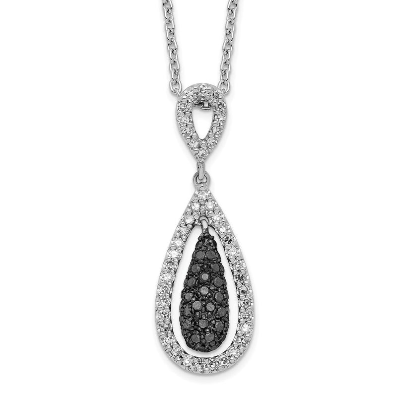 Sterling Silver White Night Rhodium-Plated Black And Diamond Double Teardrop 18 Inch Necklace With 2 Extender