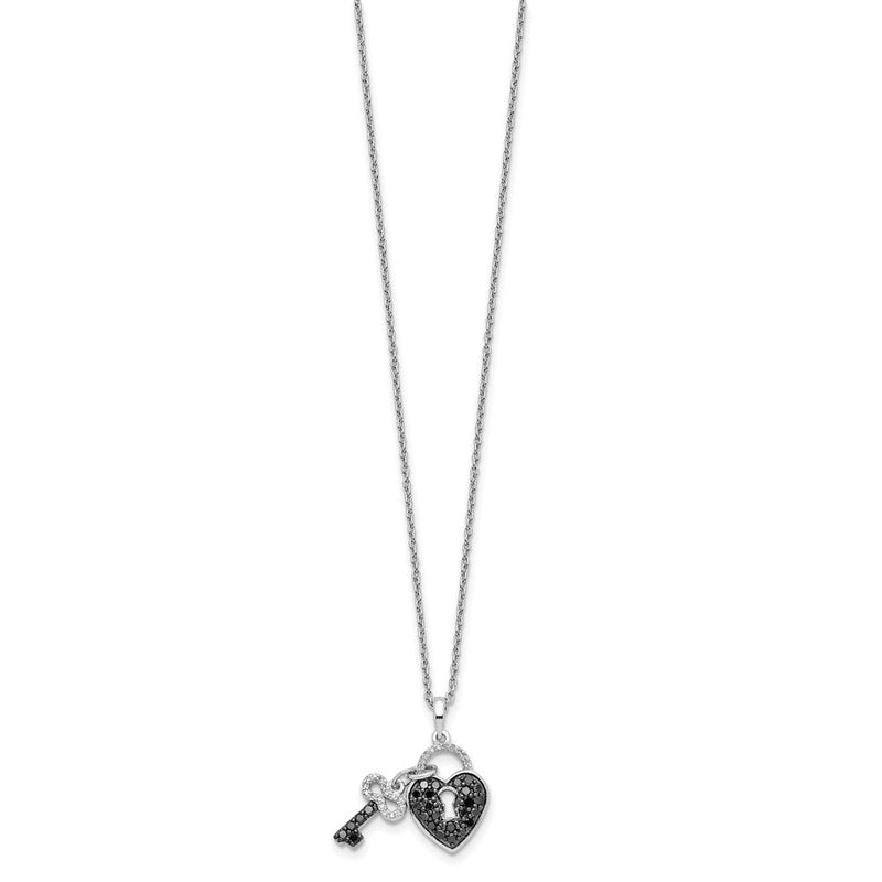 Sterling Silver White Night Rhodium-Plated Black And Diamond Heart Key 18 Inch Necklace With 2 Extender