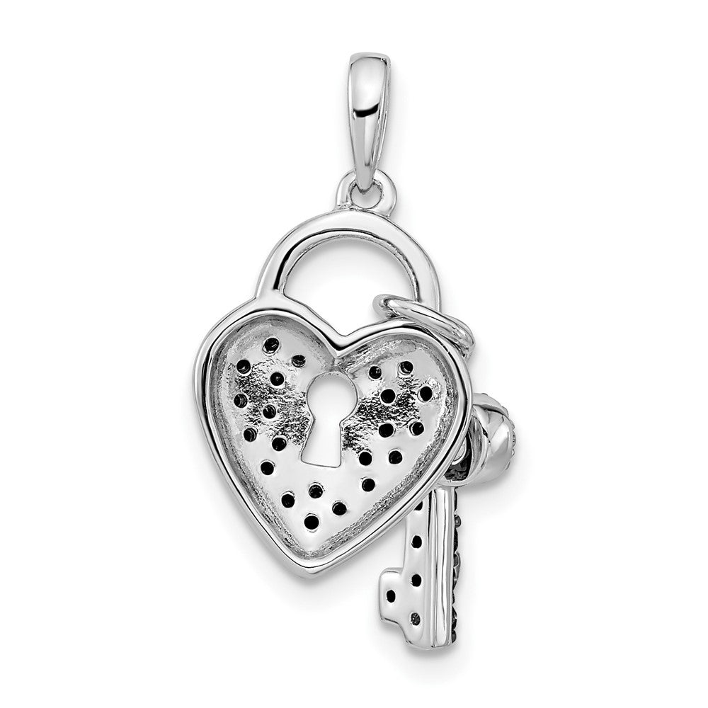 Sterling Silver White Night Rhodium-Plated Black And Diamond Heart Key 18 Inch Necklace With 2 Extender