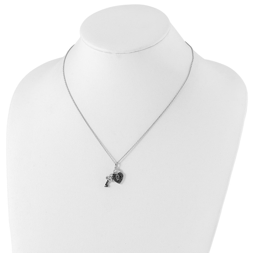 Sterling Silver White Night Rhodium-Plated Black And Diamond Heart Key 18 Inch Necklace With 2 Extender