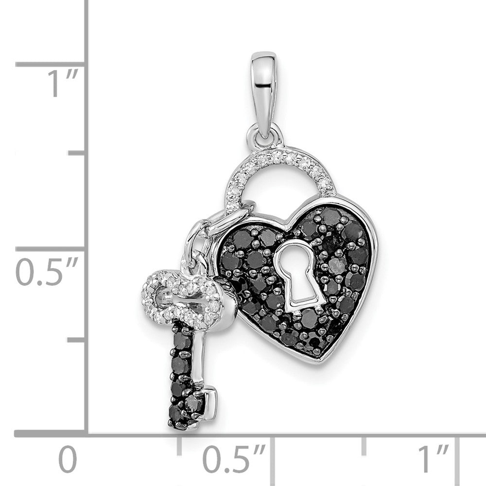 Sterling Silver White Night Rhodium-Plated Black And Diamond Heart Key 18 Inch Necklace With 2 Extender