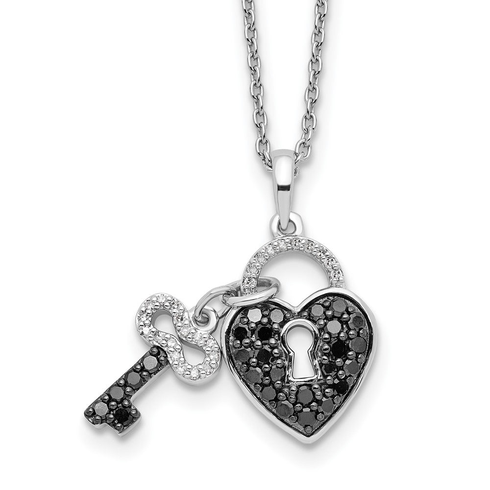 Sterling Silver White Night Rhodium-Plated Black And Diamond Heart Key 18 Inch Necklace With 2 Extender
