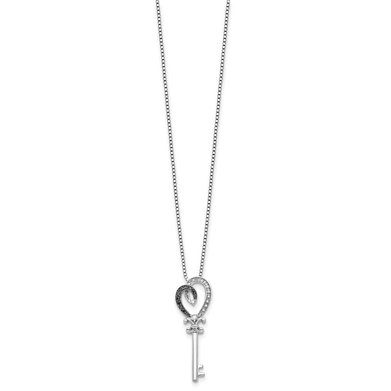 Sterling Silver White Night Rhodium-Plated Black And Diamond Heart Key 18 Inch Necklace With 2 Extender