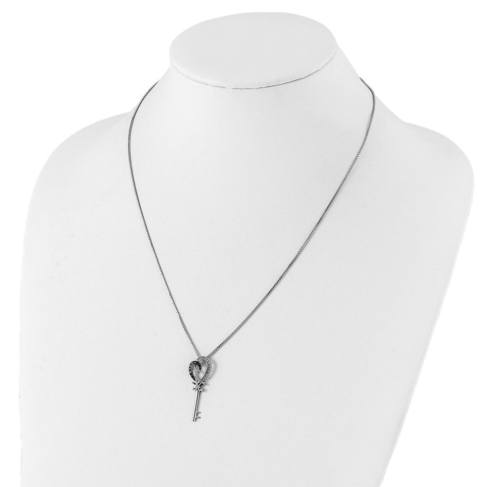 Sterling Silver White Night Rhodium-Plated Black And Diamond Heart Key 18 Inch Necklace With 2 Extender