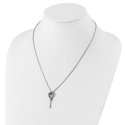 Sterling Silver White Night Rhodium-Plated Black And Diamond Heart Key 18 Inch Necklace With 2 Extender