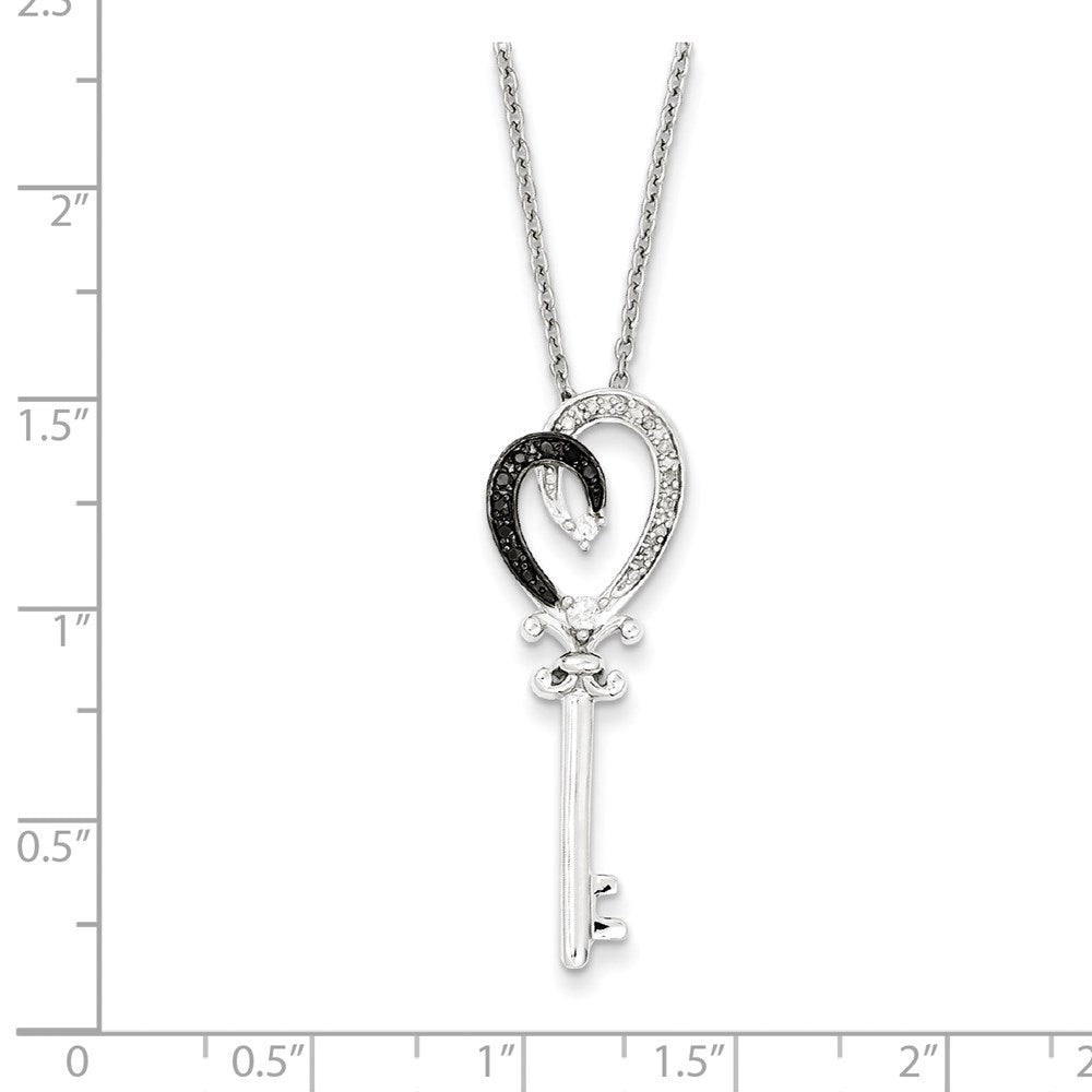 Sterling Silver White Night Rhodium-Plated Black And Diamond Heart Key 18 Inch Necklace With 2 Extender