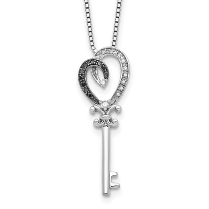 Sterling Silver White Night Rhodium-Plated Black And Diamond Heart Key 18 Inch Necklace With 2 Extender