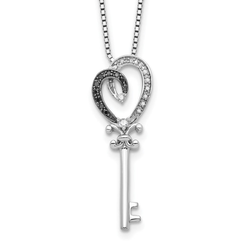 Sterling Silver White Night Rhodium-Plated Black And Diamond Heart Key 18 Inch Necklace With 2 Extender