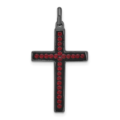 Sterling Silver Black Ceramic Red Swarovski Crystal Cross Pendant