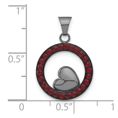 Sterling Silver Black Ceramic Red Swarovski Crystal Heart Circle Pendant