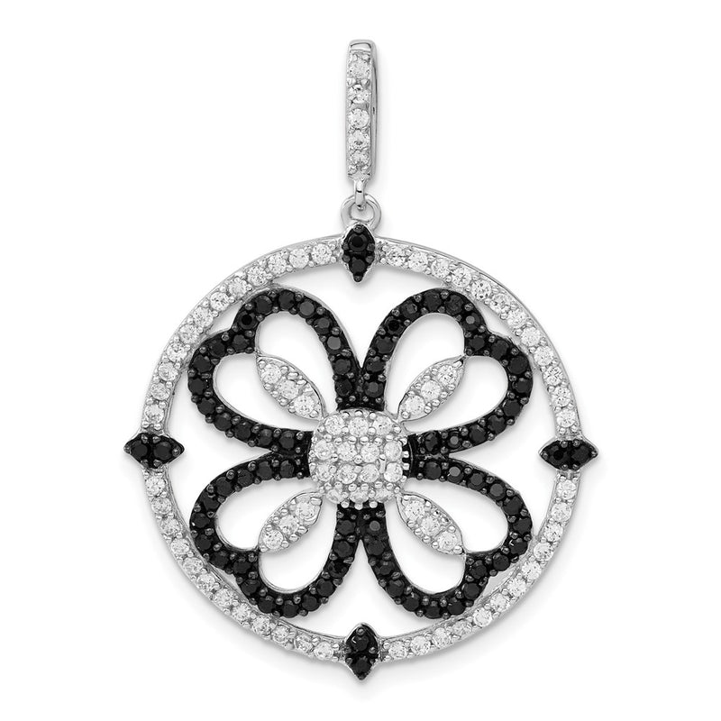 Sterling Silver Black And White Cz Clover Circle Pendant