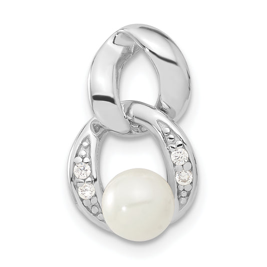 Sterling Silver Rhodium-Plated White Simulated Pearl & Cz Pendant