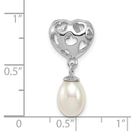 Sterling Silver Rhod Plated Heart & White Fw Cultured Pearl Slide