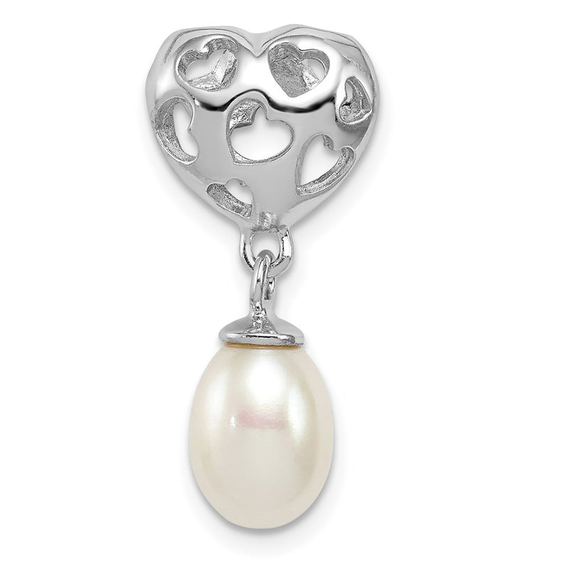 Sterling Silver Rhod Plated Heart & White Fw Cultured Pearl Slide