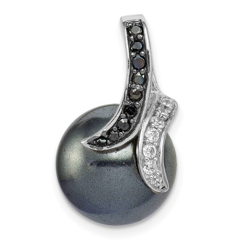 Sterling Silver Rhod-Plated Blk/Wht Cz Blk Imitation Shell Pearl Pendant