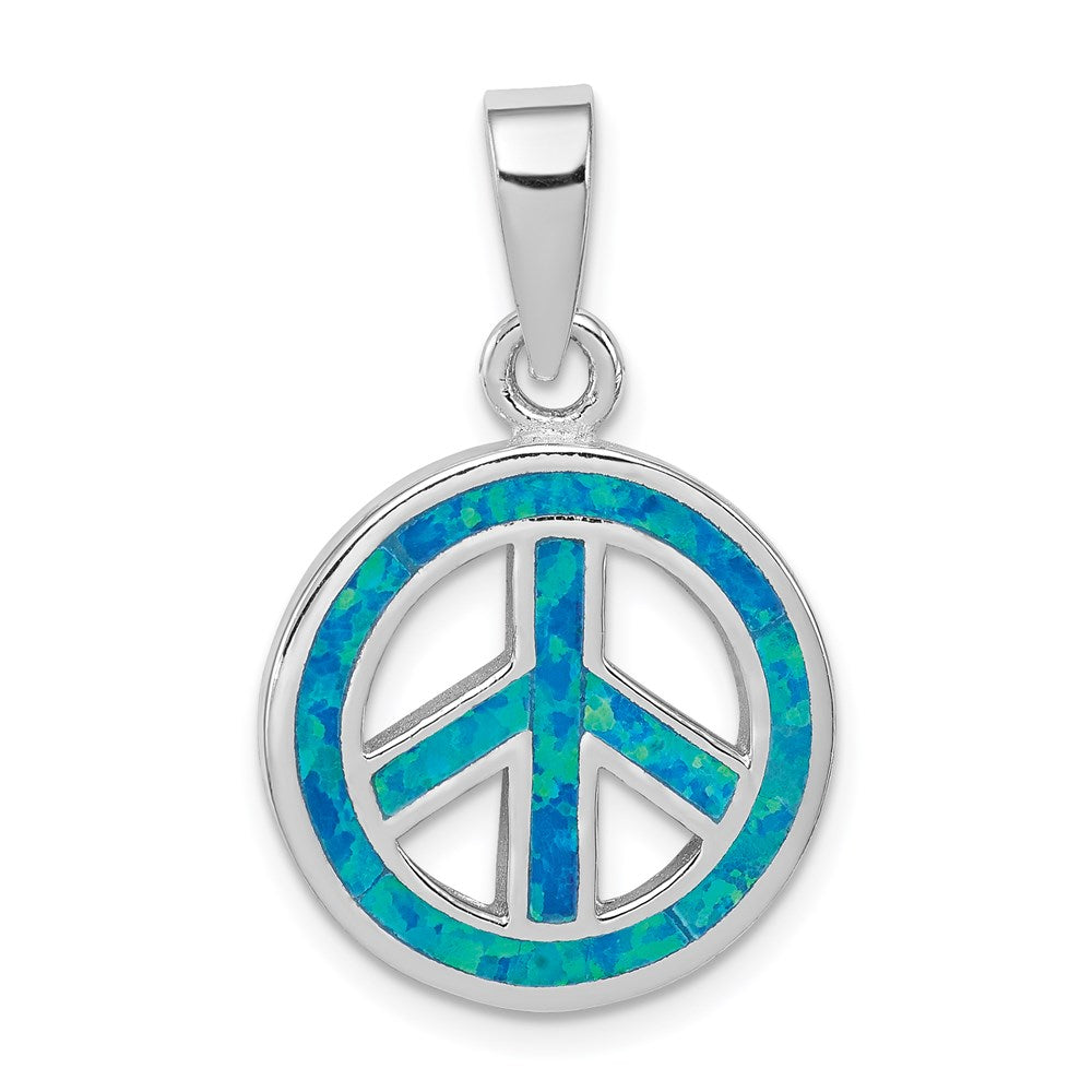 Sterling Silver Rhodium-Plated Blue Inlay Created Opal Peace Sign Pendant