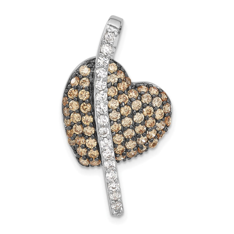 Sterling Silver W/ Black Rhodium Champagne & Clear Cz Heart Pendant