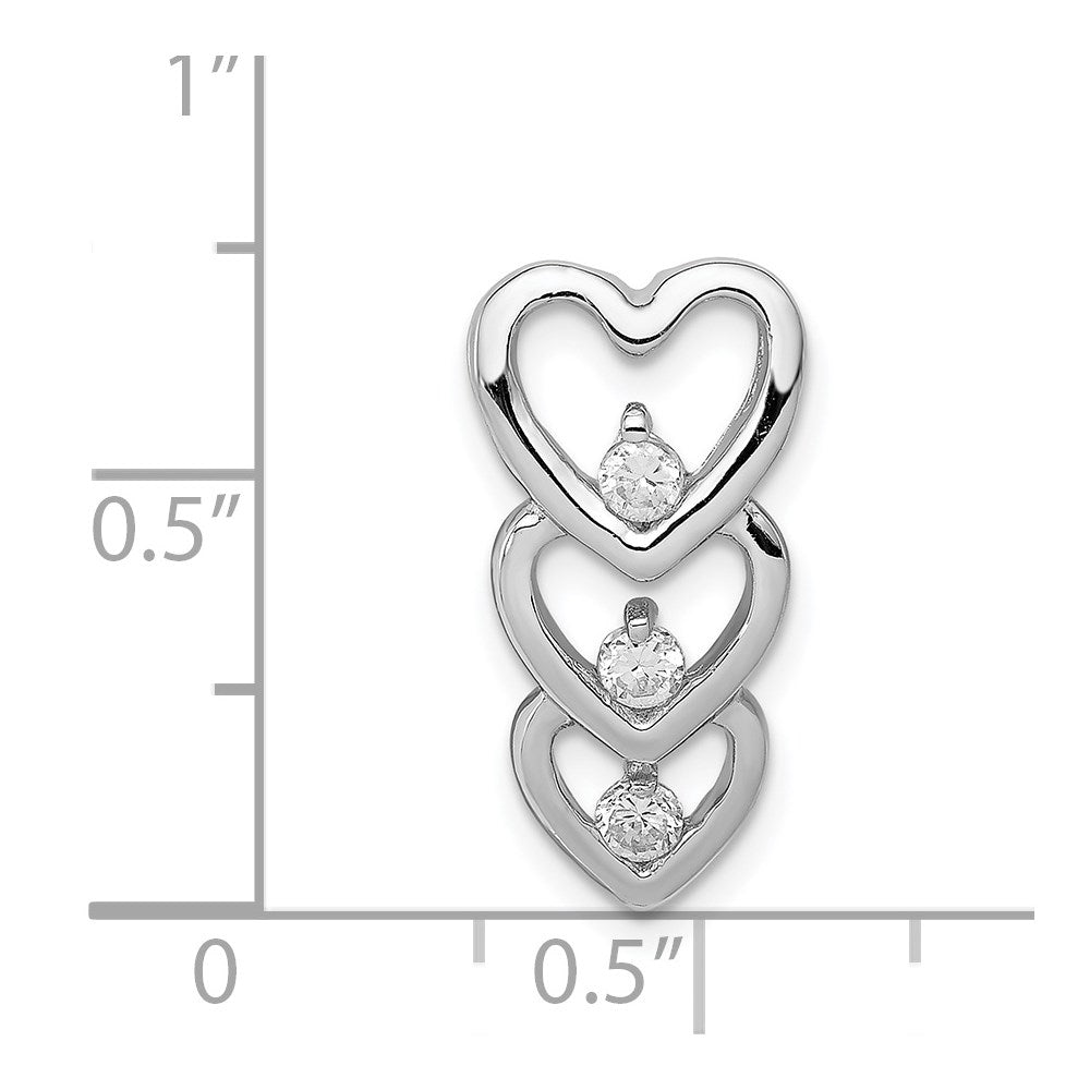 Sterling Silver Rhodium Plated Cz Multi Hearts Chain Slide