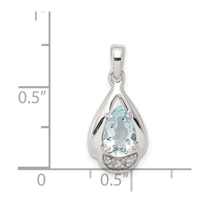 Sterling Silver Rhodium Plated Diamond And Aquamarine Pendant