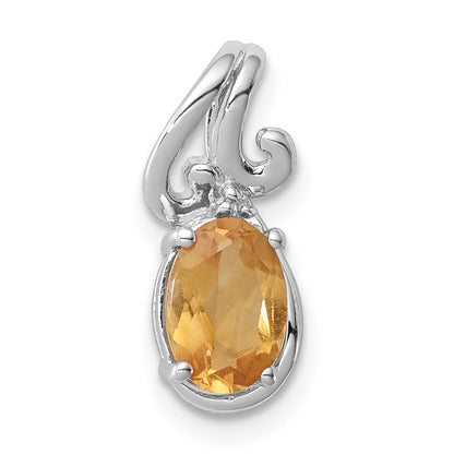 Sterling Silver Rhodium Plated Diamond & Citrine Oval Pendant