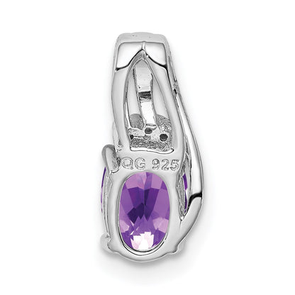 Sterling Silver Rhodium Plated Diamond And Amethyst Oval Pendant