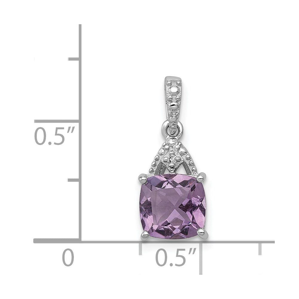 Sterling Silver Rhodium Plated Diamond And Amethyst Cushion Pendant